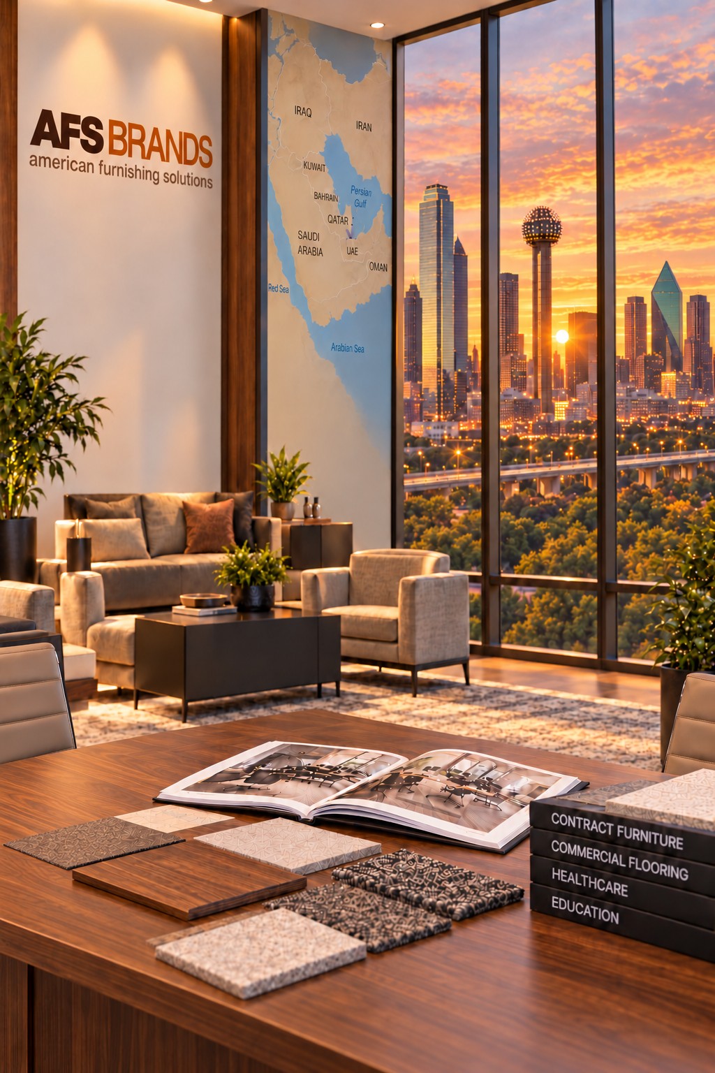 AFS office with a wall map, raised materials desk and Dallas skyline at sunset