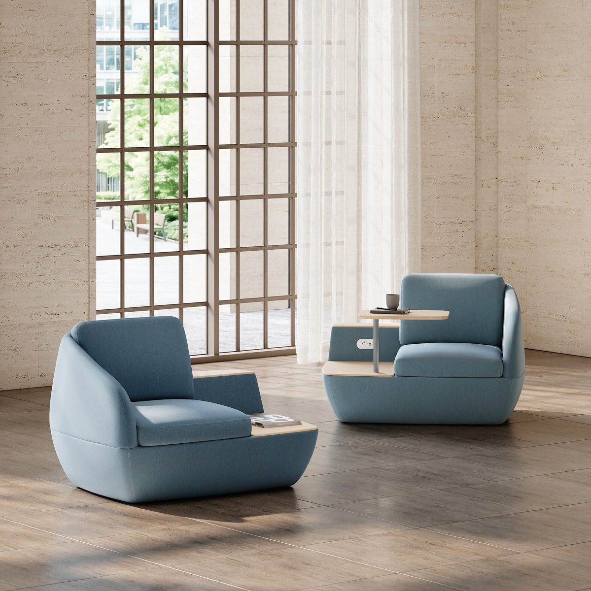 Two blue Arcadia lounge chairs with the full chairs and floor visible