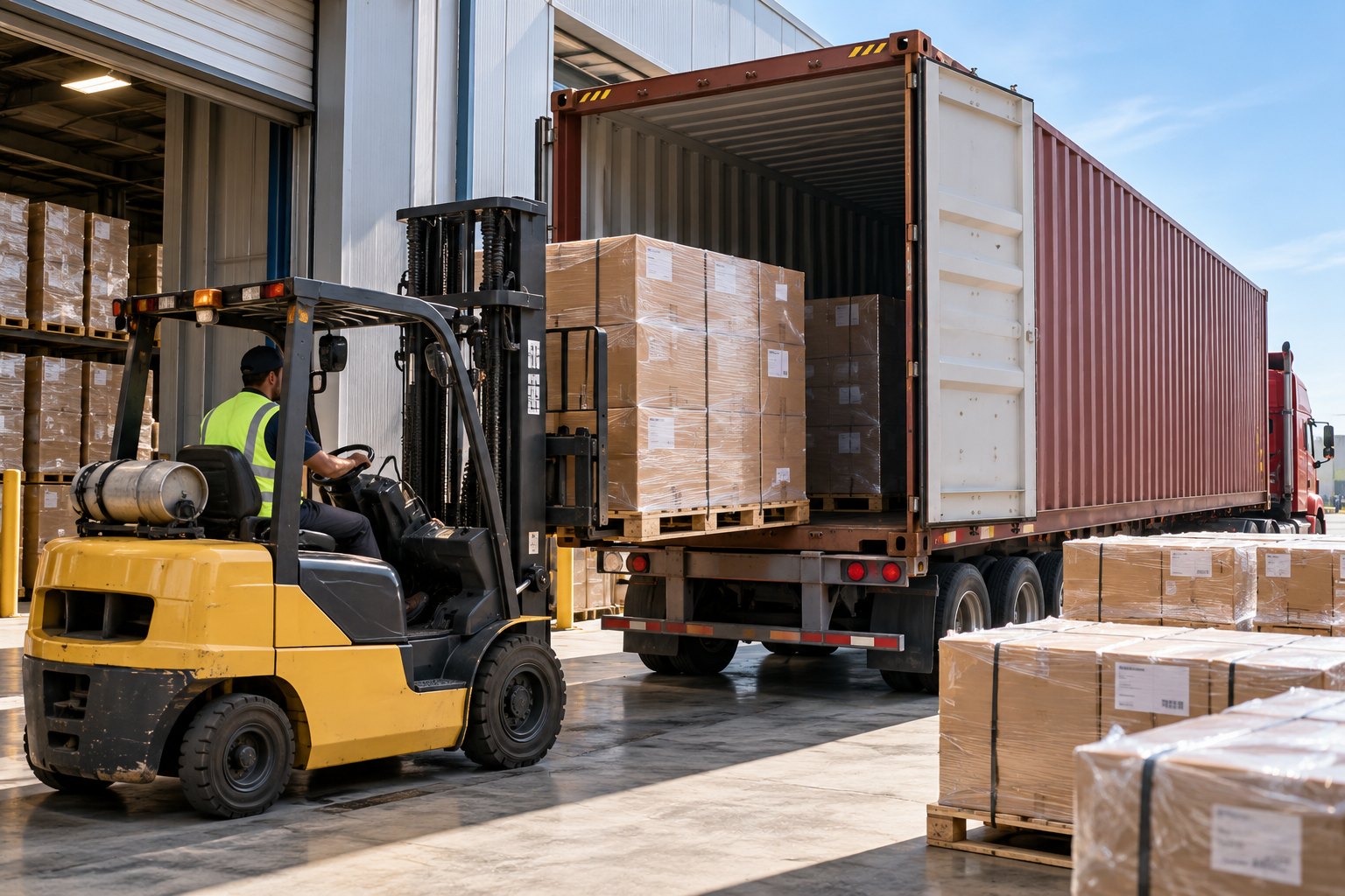 Pallets being loaded into a shipping container