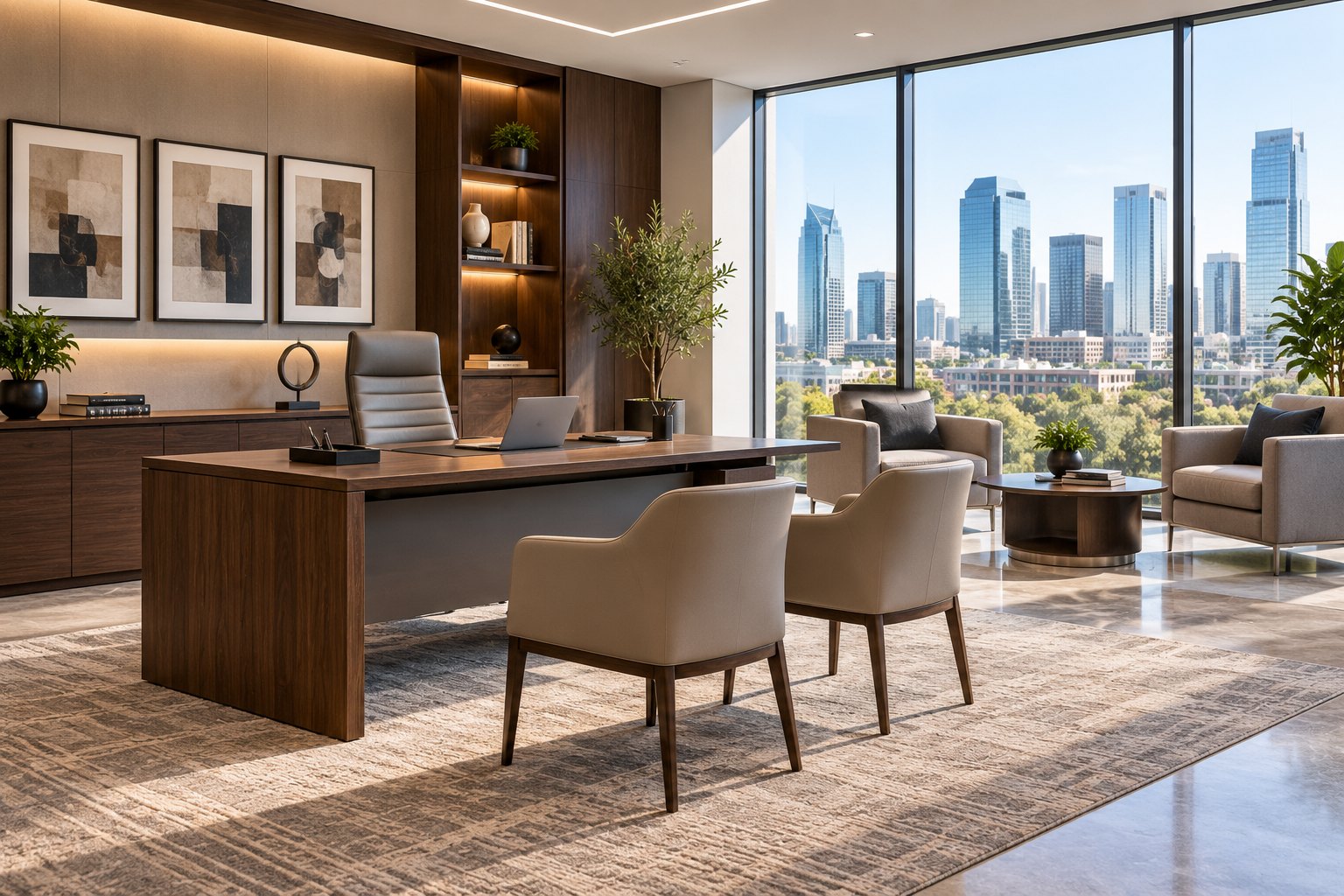 A furnished workplace with a Dallas skyline view