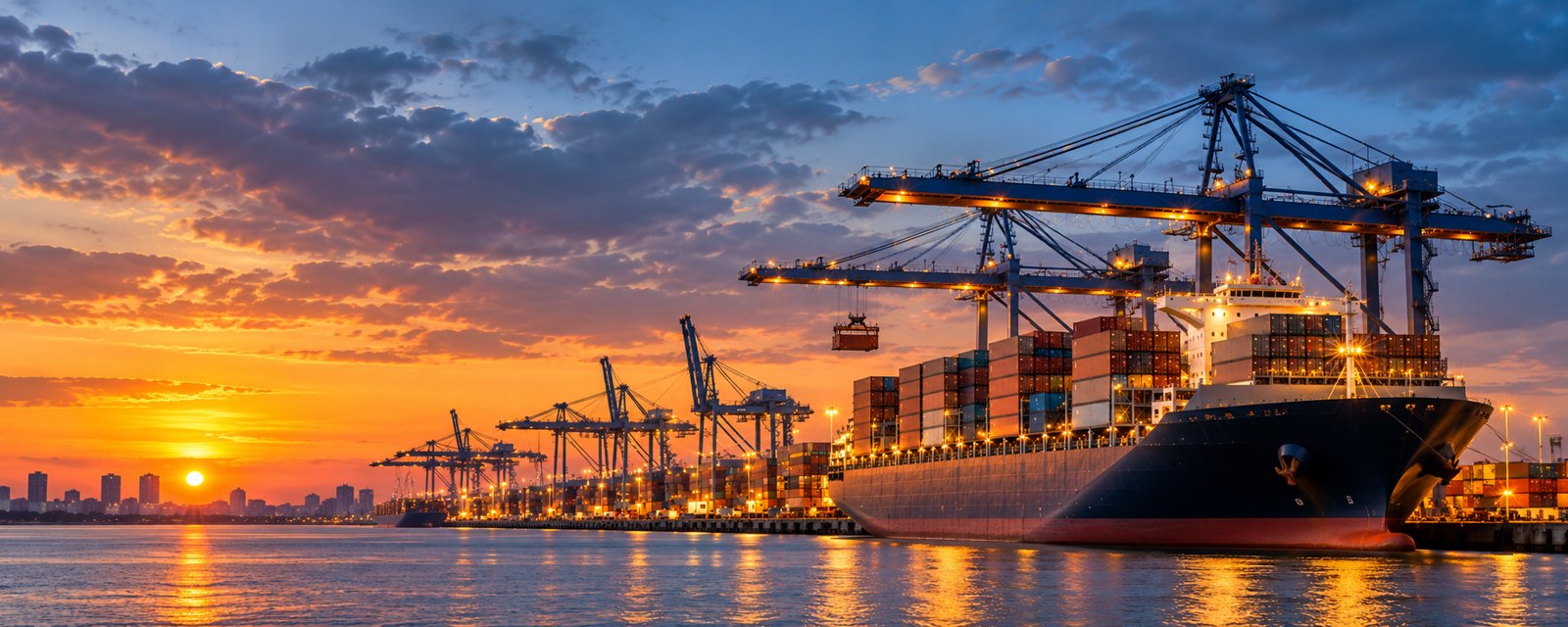 Cargo ships and port cranes at sunset