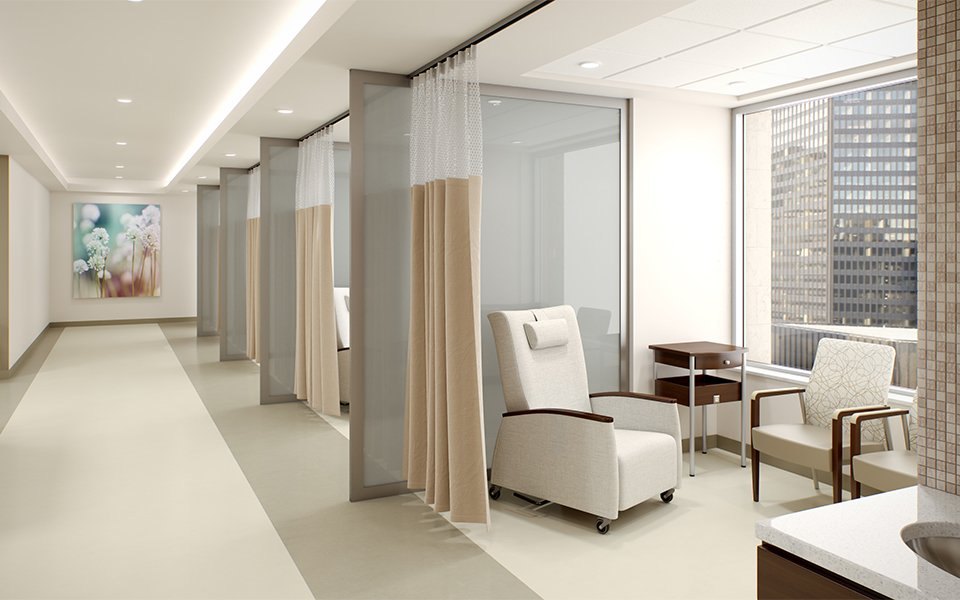 A furnished patient room