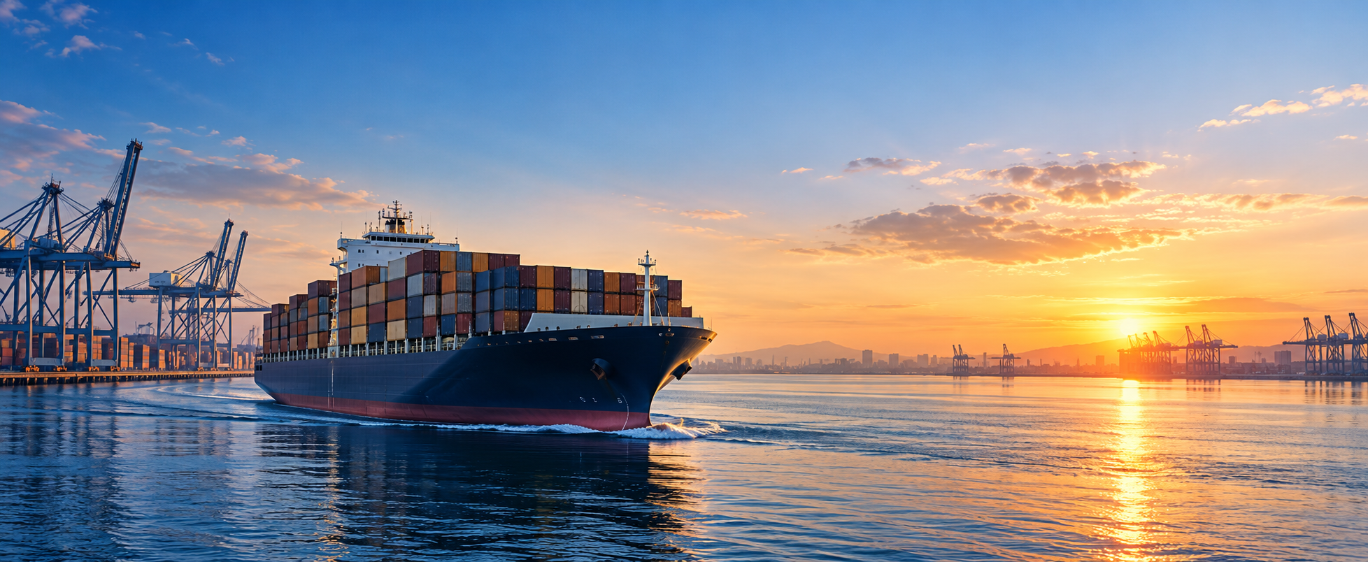 Container ship departing a cargo port in warm sunrise light